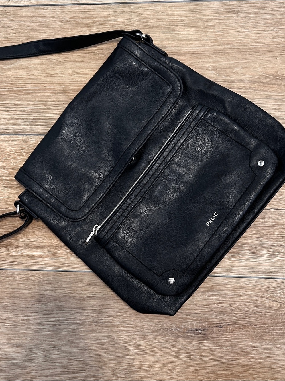 Relic Black Faux-Leather Messenger Bag with Front Zip Pocket